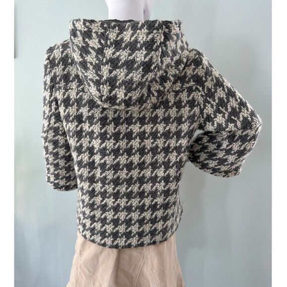 Anthropologie Cropped Houndstooth Hooded Jacket Wool Blend Grey Coat size M - Picture 3 of 10